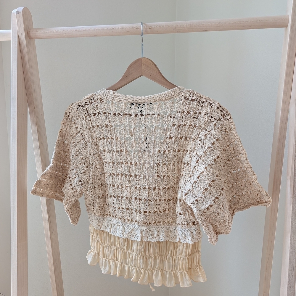 NWT Zara Crochet Open Knit Ruffled Hem Tie-Front Cardigan In Apricot - M - Picture 10 of 11